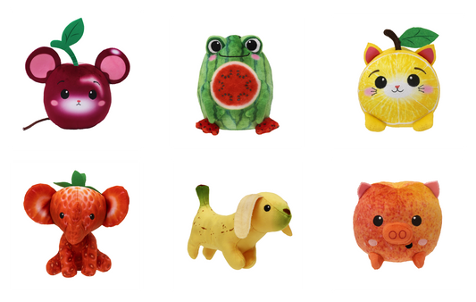 FOODIBLES Scented Small 10cm Tall Soft Toy Collection: Strawberry Elephant, Cool Watermelon Frog, Cute Cherry Mouse, Banana Dog, Cute Lemon Cat and “Pretty as a Peach” Pig! (6 Pieces)