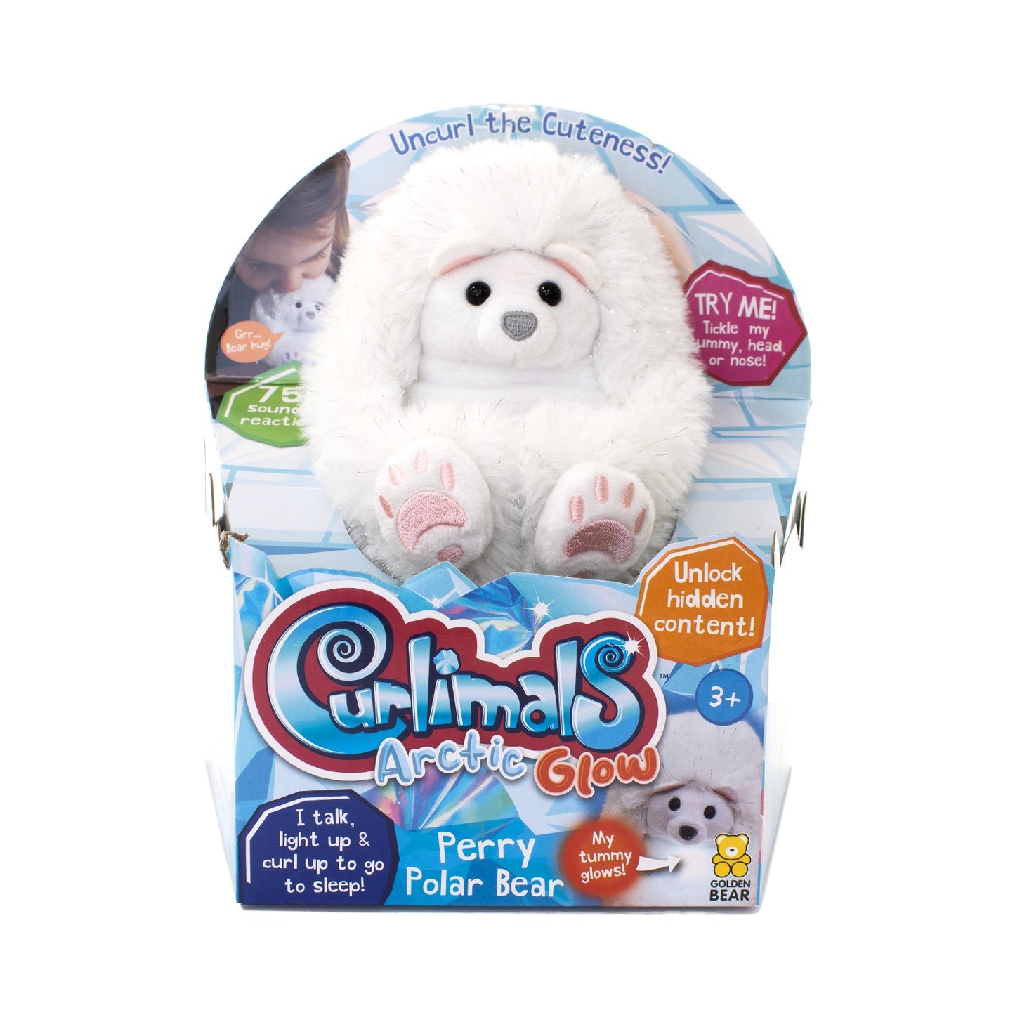 Curlimals Perry Polar Bear Arctic Glow Teddy Bear, Sensory toys, Cute, Plush, Laughing, Light-Up Tummy. Age 3+, White
