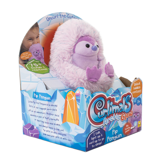 Curlimals Pip Penguin Arctic Glow Interactive Soft Toy Cute Plush Laughing Light-Up Tummy Age 3-6, Lilac