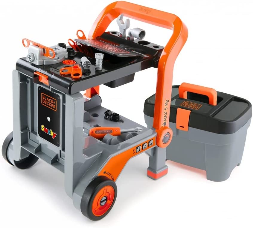 Black & Decker Kids Workbench | 3 in 1 Mobile Workshop including Devil Workmate, workbench, wheelbarrow plus 19 accessories | Ages 3+
