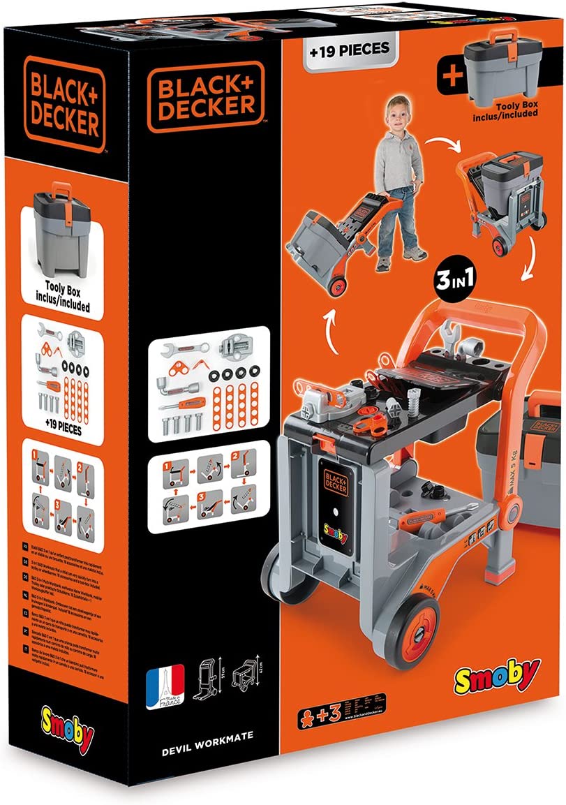 Black & Decker Kids Workbench | 3 in 1 Mobile Workshop including Devil Workmate, workbench, wheelbarrow plus 19 accessories | Ages 3+