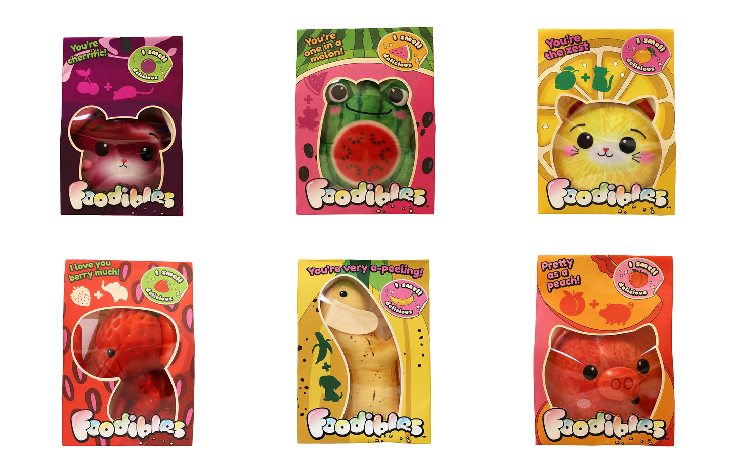 FOODIBLES Scented Small 10cm Tall Soft Toy Collection: Strawberry Elephant, Cool Watermelon Frog, Cute Cherry Mouse, Banana Dog, Cute Lemon Cat and “Pretty as a Peach” Pig! (6 Pieces)