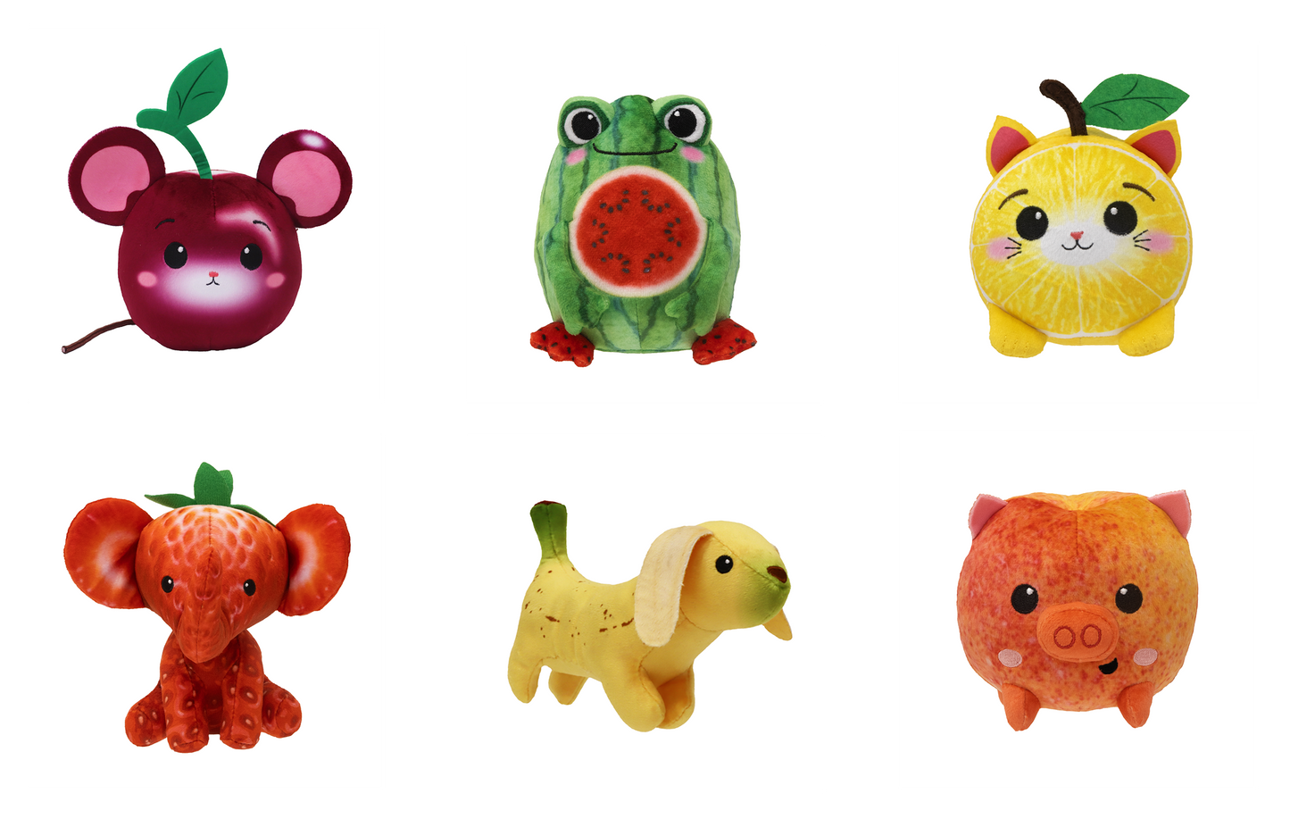 FOODIBLES Scented Small 10cm Tall Soft Toy Collection: Strawberry Elephant, Cool Watermelon Frog, Cute Cherry Mouse, Banana Dog, Cute Lemon Cat and “Pretty as a Peach” Pig! (6 Pieces)