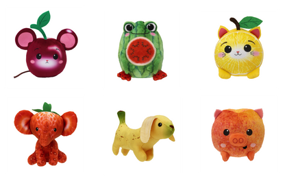 FOODIBLES Scented Small 10cm Tall Soft Toy Collection: Strawberry Elephant, Cool Watermelon Frog, Cute Cherry Mouse, Banana Dog, Cute Lemon Cat and “Pretty as a Peach” Pig! (6 Pieces)