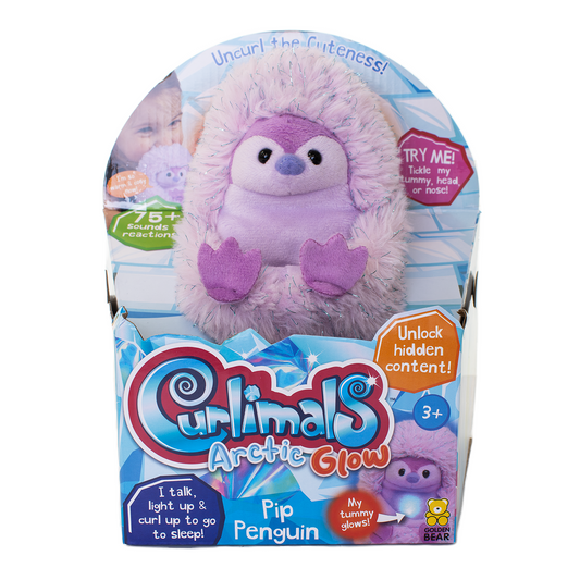 Curlimals Pip Penguin Arctic Glow Interactive Soft Toy Cute Plush Laughing Light-Up Tummy Age 3-6, Lilac