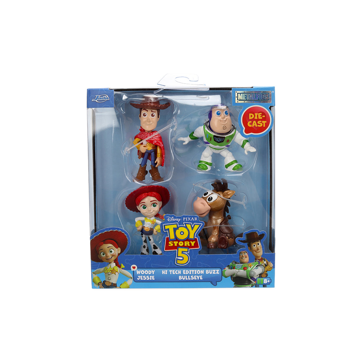 Disney Pixar Toy Story 5 Woody, Jessie, Buzz Lightyear, and Bullseye die-cast ballplayers in a blue blister pack with character graphics and a 'Die-Cast' badge.